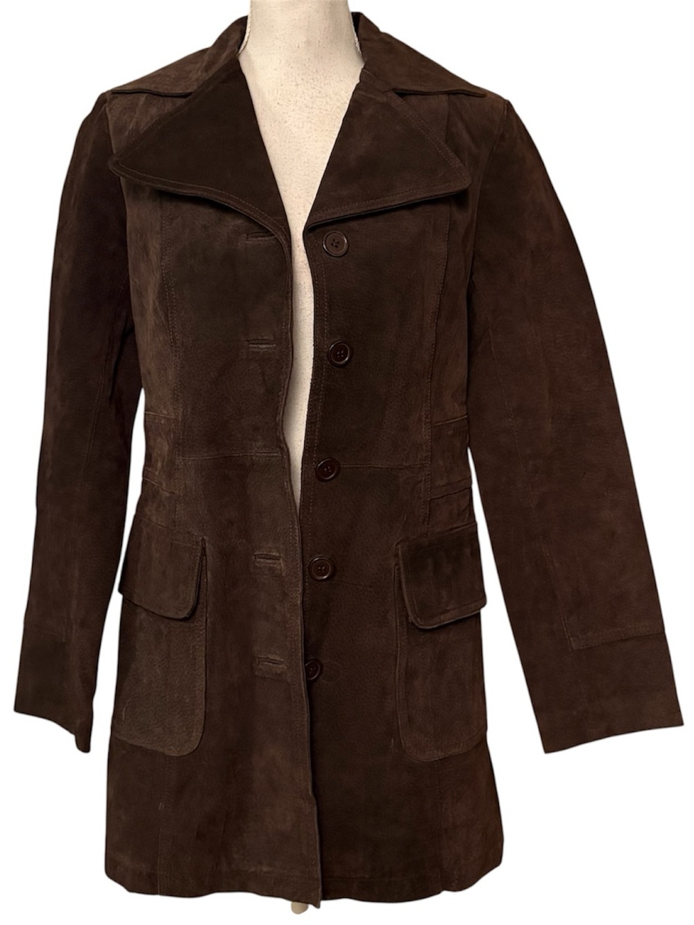 Vtg BB Dakota Pret A Porter Brown Suede Mid Length Button Jacket Size M